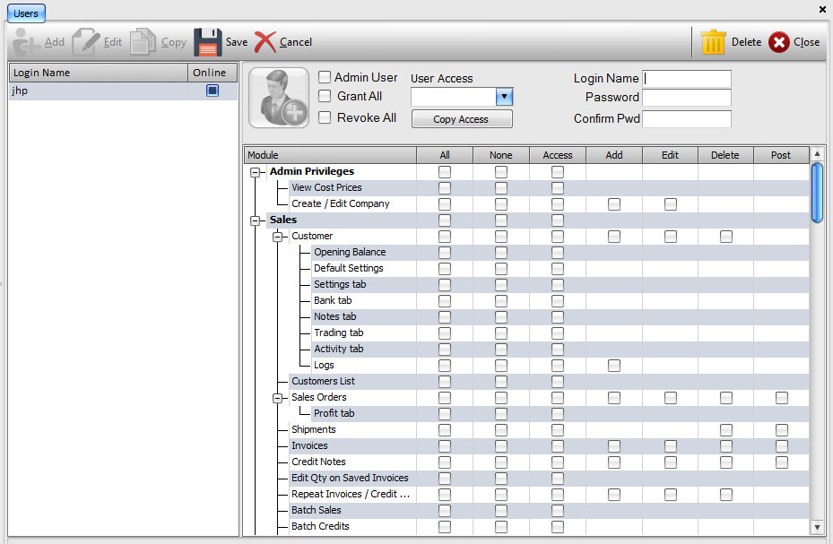 Ice Ledger User Access Screen