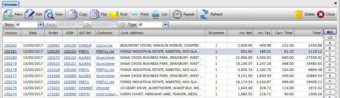 Sales Invoices List Screen