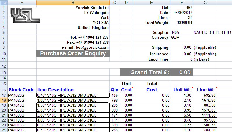 Purchase Order Enquiry: Export to Excel Spreadsheet