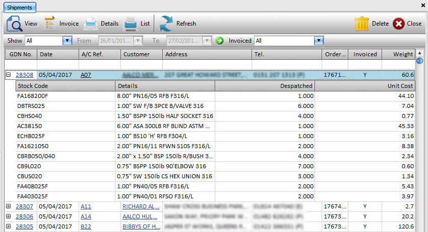 Shipment List Screen