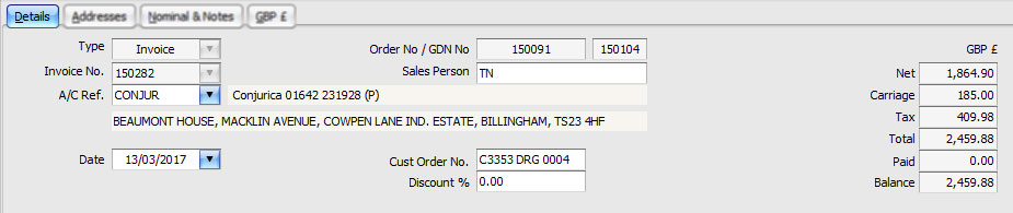 Sales Invoice: Details Tab